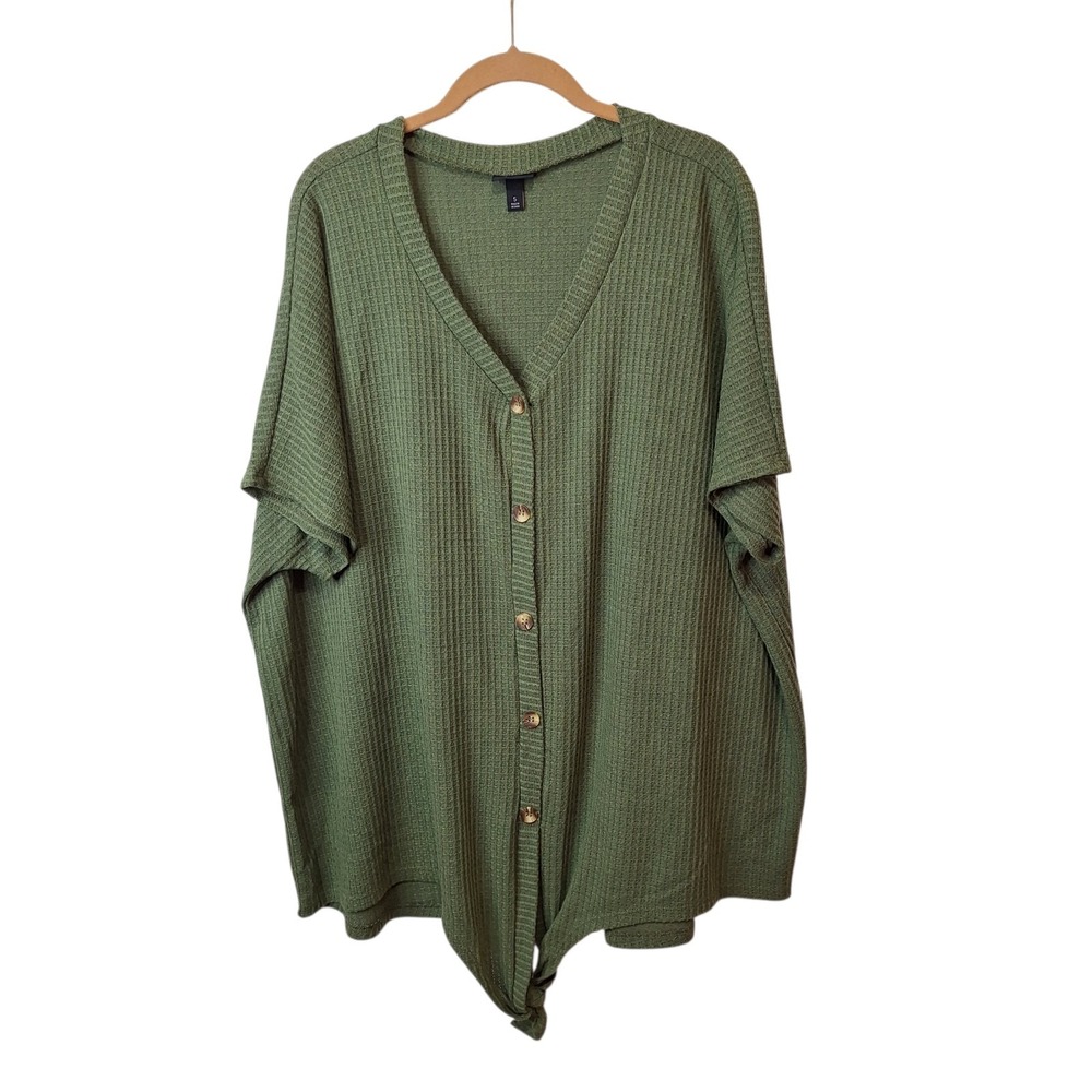 Torrid Womens 3 US 3X Waffle Button Front Tie Front Top Olive Green Dolman Slvs - Picture 1 of 10